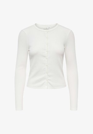 Cardigan blanc à manches longues, texture côtelée, encolure ronde, fermeture à boutons petits sur le devant, coupe ajustée. Finition en tissu lisse.