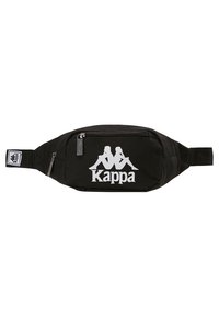 Banane en tissu noir avec un compartiment principal zippé, arborant un logo Kappa blanc et une sangle latérale pour un port sécurisé.
