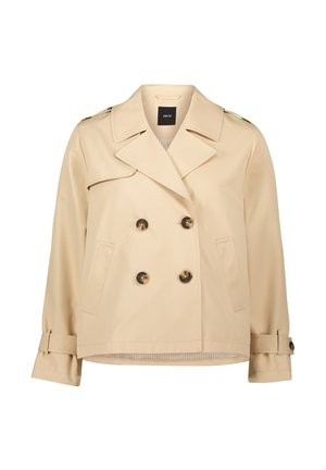 Beige double-breasted trench coat with large buttons, shoulder epaulettes, and side pockets. Made from smooth, lightweight fabric.