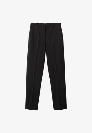 Schwarze Hose aus glattem Stoff, mit geradem Schnitt, Bundfalten und einfachem Verschlussdesign. Klassischer und vielseitiger Stil.