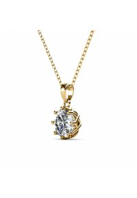 Gouden hanger ketting met een grote ronde heldere edelsteen in een klauw zetting, bevestigd aan een delicate schakelketting.