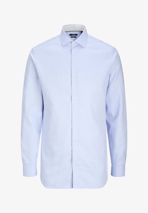 Világoskék hosszú ujjú férfi ing klasszikus gallérral és elöl fehér gombokkal.