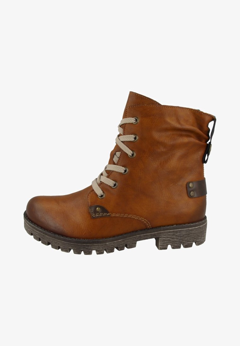 Braune Leder-Ankle-Boots mit beigen Schnürsenkeln, einer strukturierten Oberfläche, dezenten Nähten und einer Gummisohle mit robustem Profil.