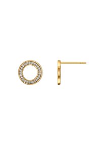 Boucles d'oreilles en or en forme de cercle, avec un design à double anneau, ornées de petites pierres étincelantes incrustées autour du cercle extérieur.