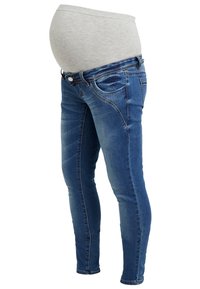 Maternity jeans in blue denim with a gray elastic waistband. Features five pockets, a faded wash, and a snug fit through the legs.