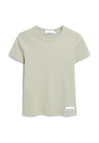 Světlé zelené tričko s krátkými rukávy vyrobené z žebrované látky. Kulatý výstřih s malou značkovou etiketou na spodní levé straně. Volnočasový design.