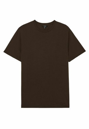 Braunes Baumwoll-T-Shirt mit Rundhalsausschnitt und kurzen Ärmeln, das einen einfachen, geraden Schnitt aufweist und keine sichtbaren Muster oder Akzente hat.