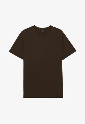 Braunes Baumwoll-T-Shirt mit Rundhalsausschnitt und kurzen Ärmeln, das einen einfachen, geraden Schnitt aufweist und keine sichtbaren Muster oder Akzente hat.