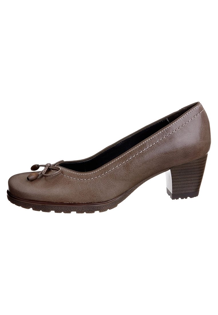 Brown leather pump with a rounded toe, bow detail at the front, and a textured outsole. Low block heel, contrasting stitching accents.