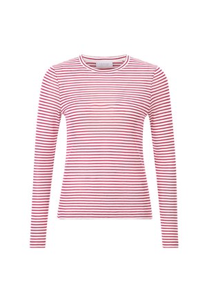 Raudonai ir balti dryžuoti ilgomis rankovėmis marškiniai, su apvaliu iškirpimu, siauras kirpimas, lengvas audinys, su horizontaliais dryžiais tolygiai išdėstytais visame kūne.