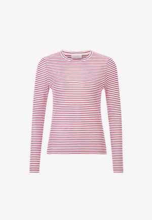 Raudonai ir balti dryžuoti ilgomis rankovėmis marškiniai, su apvaliu iškirpimu, siauras kirpimas, lengvas audinys, su horizontaliais dryžiais tolygiai išdėstytais visame kūne.