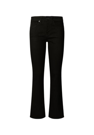 Zwarte flared jeans van denim met een soepele textuur. Beschikt over vijf zakken en een knoopsluiting op de taille.