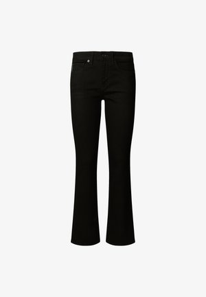 Black flared jeans made of denim with a smooth texture. Features five pockets and a button closure at the waist.