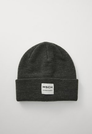 Dark gray knit beanie with a folded cuff. Features a rectangular white label with "MSCH COPENHAGEN" printed in black. Soft texture.