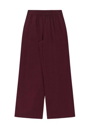 Pantalon à jambes larges de couleur bordeaux foncé avec une taille élastiquée et des poches latérales, étalé à plat sur un fond blanc.