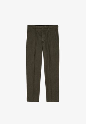 Pantalons en tissu texturé vert olive foncé avec une coupe ajustée, dotés de plis sur le devant et de poches latérales.