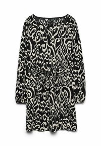 Robe à motifs noir et blanc avec manches longues, encolure ronde et ceinture nouée à la taille ; tissu texturé avec des motifs tourbillonnants.