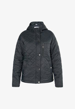 Veste noire matelassée avec capuche, dotée d'une poche zippée à l'avant, de boutons-pression et d'une finition texturée. Design décontracté et isolé.