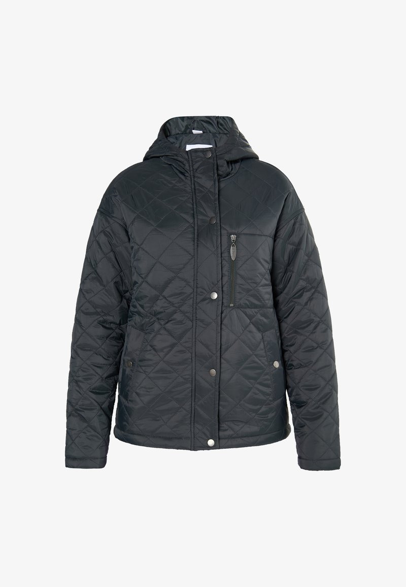 Jachetă neagră matlasată cu glugă, având un buzunar frontal cu fermoar, nasturi cu capsuletă și un finisaj texturat. Design casual, izolat.