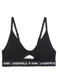 Črn modrček z trikotno zasnovo, nastavljivimi naramnicami in elastičnim trakom z blagovno znamko "KARL LAGERFELD" v belem tisku.