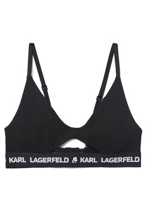 Svart bh med trekantet design, justerbare stropper og en merket elastisk band med "KARL LAGERFELD" i hvit tekst.