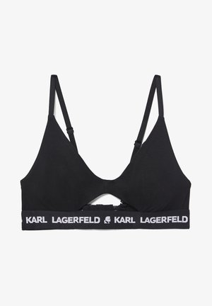 Zwarte beha met een driehoekig ontwerp, verstelbare bandjes en een gemerkte elastische band met "KARL LAGERFELD" in witte tekst.