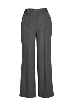 Pilkos pločio kojos kelnės, pagamintos iš tekstūruotos medžiagos, su aukštu liemeniu, dviem mygtukais šone ir aštriomis priekinėmis raukšlėmis.