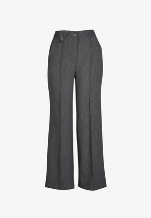 Graue weite Hosen aus strukturiertem Stoff, mit hoher Taille, zwei Knöpfen an der Seite und scharfen vorderen Falten.