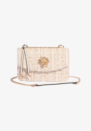 Lille beige tweed crossbody taske med guld kædderem, blomster guld lås og sort og gul læderkvast med hjerte vedhæng.