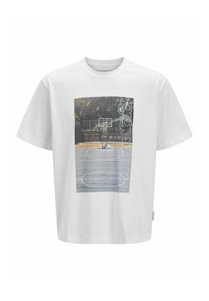 White cotton T-shirt featuring a graphic print of a basketball court, with the word "project" in large letters alongside the image.