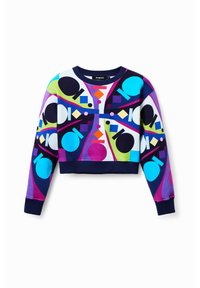 Monivärinen lyhyt collegepaita, jossa on abstrakteja muotoja violettina, sinisenä, vihreänä ja mustana, pyöreä pääntie ja pitkähihaiset hihat.