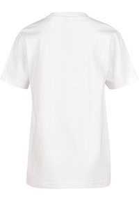 Weißes Baumwoll-T-Shirt mit Rundhalsausschnitt und kurzen Ärmeln. Einfaches und schlichtes Design mit geradem Schnitt und glatter Textur.