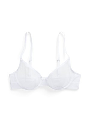 Weißer Bügel-BH mit transparenten Mesh-Cups, verstellbaren Trägern und einem glatten Unterbrustband für Halt. Keine zusätzlichen Muster oder Verzierungen.