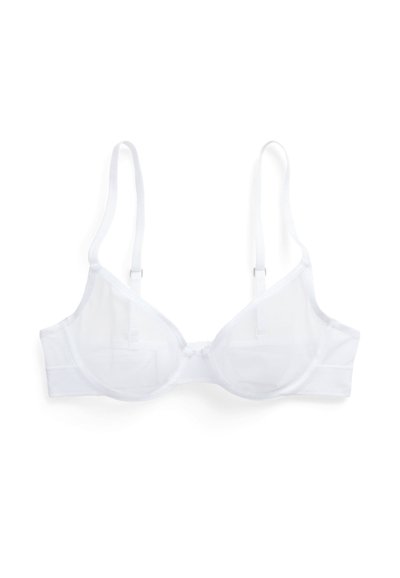 Bílá podprsenka s kosticemi, průsvitnými síťovanými košíčky, nastavitelnými ramínky a hladkým pásem pro podporu. Bez dalších vzorů nebo kovových doplňků.