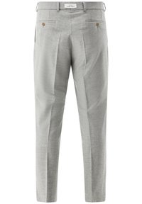 Graue maßgeschneiderte Hose aus strukturiertem Stoff, mit zwei Gesäßtaschen, Paspeldetails und schmalem Schnitt.