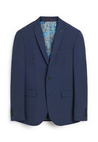Navy blue blazer with a notched lapel and single-button closure. Features two front pockets and a patterned blue floral lining.