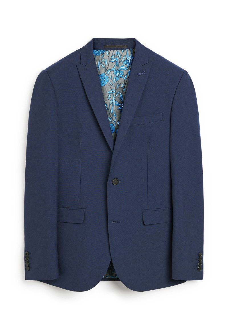 Navy blue blazer with a notched lapel and single-button closure. Features two front pockets and a patterned blue floral lining.