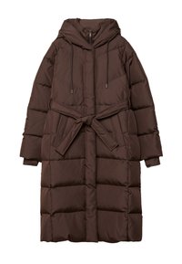 Duga smeđa zimsku jaknu s kapuljačom, prednjim patentnim zatvaračem, podesivim vezicama i pojasom oko struka vezanim u čvor.