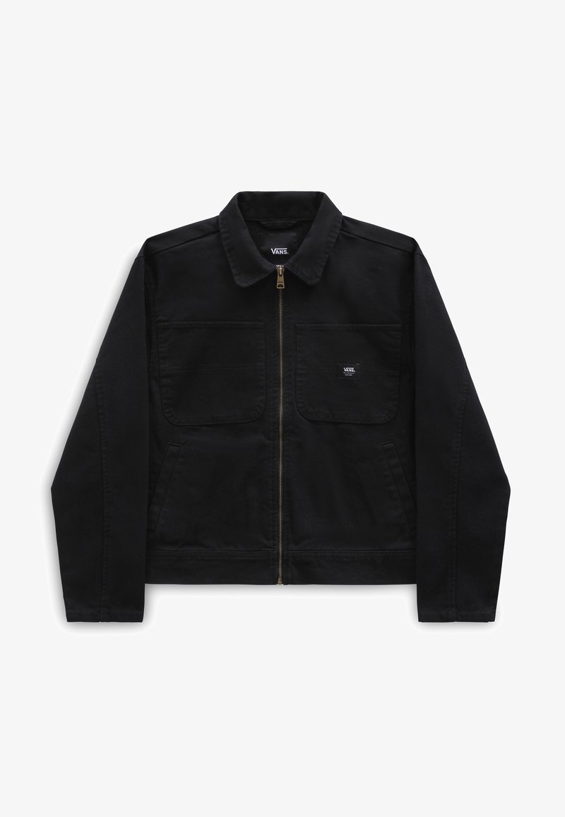 Veste noire Vans avec col, fermeture éclair intégrale à l’avant, deux poches poitrine et deux poches latérales, en tissu résistant.