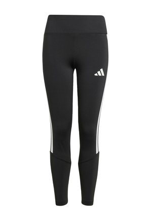 Leggings de sport noirs faits d'un tissu extensible, dotés d'une taille haute, de rayures blanches sur les côtés et d'un logo sur la cuisse.