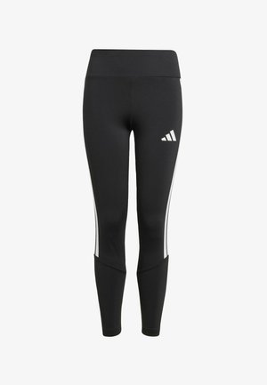 Zwarte sportleggings van rekbaar materiaal, met een hoge tailleband, witte zijkanten en een logo op de dij.