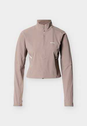 Polaire sportive taupe à manches longues avec demi-fermeture éclair, col montant et logo Salomon blanc sur la poitrine, présentée sur un fond blanc.