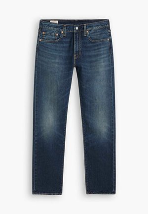 Blå denimjeans med rak benmodell, med ljus blekning, kopparnitar och ett klassiskt midjeband med knappstängning.