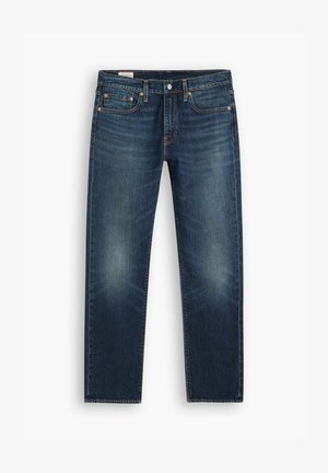Jeans in denim blu con taglio dritto, caratterizzati da leggeri segni di scoloritura, rivetti in rame e una vita classica con chiusura a bottone.