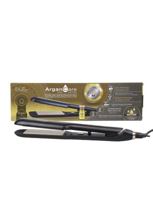 Plancha de pelo cerámica negra con placas doradas frente a una caja dorada y negra etiquetada como ArganCare Pro Active con características de aceite de argán.