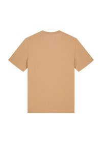 T-Shirt mit kurzen Ärmeln in hellbrauner Farbe, aus weichem Stoff gefertigt, im regulären Schnitt und mit einfachem Rundkragen-Design, ohne Muster oder Akzente.