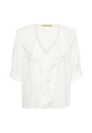 Witte blouse met een diepe V-hals, grote gerimpelde kraag, vooraan vallende ruches en opgerolde driekwartmouwen.