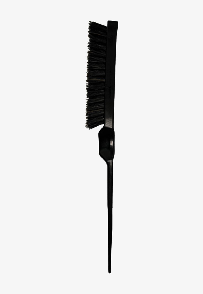 Black plastic hair dye brush with dense bristles on one end and a pointed handle on the other for applying color.