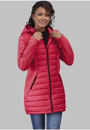 Red padded jacket with a smooth, hooded design, featuring zippered front and side pockets. Made of soft material with quilted texture.