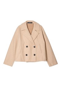Veste cropped en mélange de laine beige avec un design à double boutonnage, grands revers, deux poches avant et boutons noirs. Texture douce, coupe oversize.